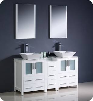 Fresca FVN62-241224WH-VSL Torino 60" Double Sink Modern Bathroom Vanity with Side Cabinet and Vessel Sinks in White
