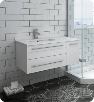 Fresca FCB6136WH-UNS-L-CWH-U Lucera 36" White Wall Hung Modern Bathroom Cabinet with Top & Undermount Sink - Left Version