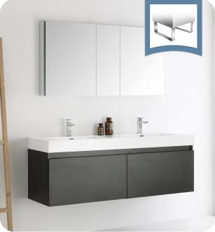 Fresca FVN8042BW Mezzo 59" Black Wall Hung Double Sink Modern Bathroom Vanity with Medicine Cabinet
