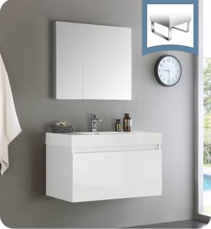 Fresca FVN8008WH Mezzo 36" White Wall Hung Modern Bathroom Vanity with Medicine Cabinet