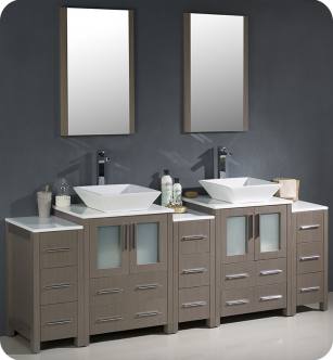 Fresca FVN62-72GO-VSL Torino 84" Double Sink Modern Bathroom Vanity with 3 Side Cabinets and Vessel Sinks in Gray Oak