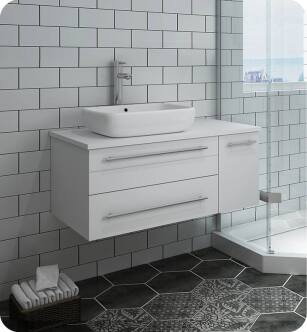 Fresca FCB6136WH-VSL-L-CWH-V Lucera 36" White Wall Hung Modern Bathroom Cabinet with Top & Vessel Sink - Left Version