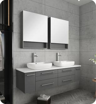 Fresca FVN6160GR-VSL-D Lucera 60" Gray Wall Hung Double Vessel Sink Modern Bathroom Vanity with Medicine Cabinets