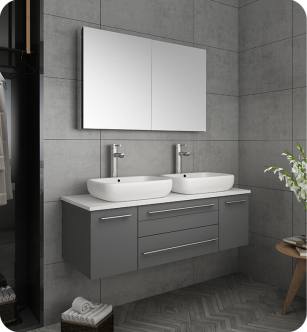 Fresca FVN6148GR-VSL-D Lucera 48" Gray Wall Hung Double Vessel Sink Modern Bathroom Vanity with Medicine Cabinet