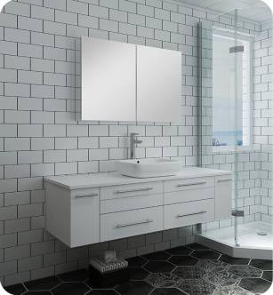 Fresca FVN6160WH-VSL Lucera 60" White Wall Hung Single Vessel Sink Modern Bathroom Vanity with Medicine Cabinet