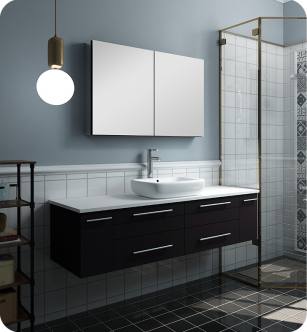 Fresca FVN6160ES-VSL Lucera 60" Espresso Wall Hung Single Vessel Sink Modern Bathroom Vanity with Medicine Cabinet