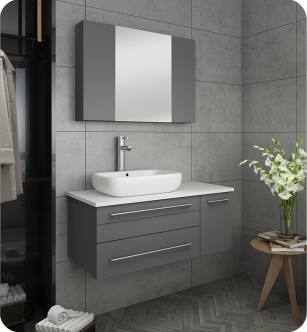 Fresca FVN6136GR-VSL-L Lucera 36" Gray Wall Hung Vessel Sink Modern Bathroom Vanity with Medicine Cabinet - Left Version