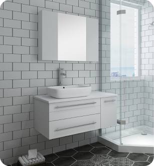 Fresca FVN6136WH-VSL-L Lucera 36" White Wall Hung Vessel Sink Modern Bathroom Vanity with Medicine Cabinet - Left Version