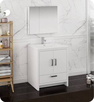 Fresca FVN9430WH Imperia 30" Glossy White Free Standing Modern Bathroom Vanity with Medicine Cabinet
