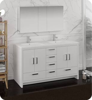 Fresca FVN9460WH-D Imperia 60" Glossy White Free Standing Double Sink Modern Bathroom Vanity with Medicine Cabinet