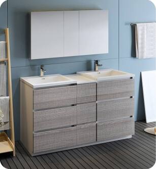 Fresca FVN93-241224HA-D Lazzaro 60" Ash Gray Free Standing Double Sink Modern Bathroom Vanity with Medicine Cabinet