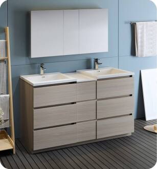 Fresca FVN93-241224MGO-D Lazzaro 60" Gray Wood Free Standing Double Sink Modern Bathroom Vanity with Medicine Cabinet