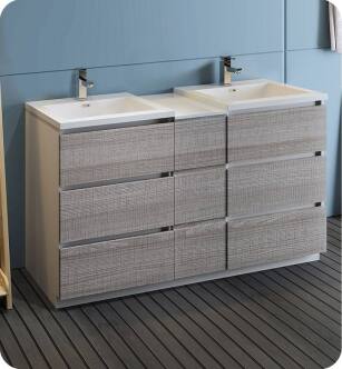 Fresca FCB93-241224HA-D-I Lazzaro 60" Ash Gray Free Standing Double Sink Modern Bathroom Cabinet with Integrated Sinks