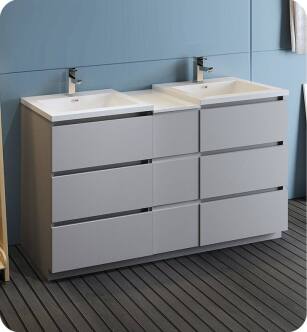 Fresca FCB93-241224GR-D-I Lazzaro 60" Gray Free Standing Double Sink Modern Bathroom Cabinet with Integrated Sinks