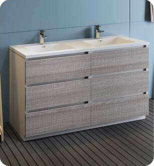 Fresca FCB93-3030HA-D-I Lazzaro 60" Ash Gray Free Standing Modern Bathroom Cabinet with Integrated Double Sink