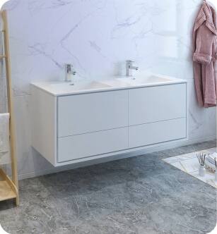Fresca FCB9260WH-D-I Catania 60" Glossy White Wall Hung Modern Bathroom Cabinet with Integrated Double Sink