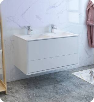 Fresca FCB9248WH-D-I Catania 48" Glossy White Wall Hung Modern Bathroom Cabinet with Integrated Double Sink