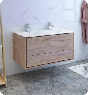 Fresca FCB9248RNW-D-I Catania 48" Rustic Natural Wood Wall Hung Modern Bathroom Cabinet with Integrated Double Sink