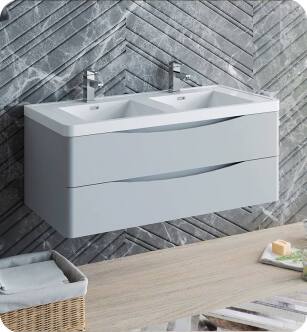 Fresca FCB9048GRG-D-I Tuscany 48" Glossy Gray Wall Hung Modern Bathroom Cabinet with Integrated Double Sink