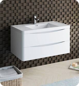 Fresca FCB9040WH-I Tuscany 40" Glossy White Wall Hung Modern Bathroom Cabinet with Integrated Sink