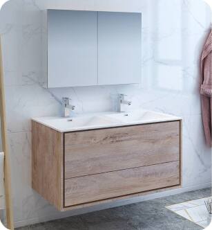 Fresca FVN9248RNW-D Catania 48" Rustic Natural Wood Wall Hung Double Sink Modern Bathroom Vanity with Medicine Cabinet