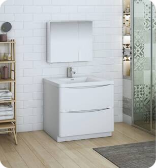 Fresca FVN9136WH Tuscany 36" Glossy White Free Standing Modern Bathroom Vanity with Medicine Cabinet