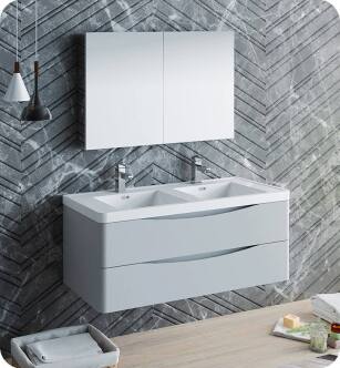 Fresca FVN9048GRG-D Tuscany 48" Glossy Gray Wall Hung Double Sink Modern Bathroom Vanity with Medicine Cabinet