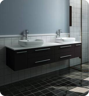 Fresca FCB6172ES-VSL-D-CWH-V Lucera 72" Espresso Wall Hung Modern Bathroom Cabinet with Top & Double Vessel Sinks