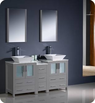 Fresca FVN62-241224GR-VSL Torino 60" Grey Modern Double Sink Bathroom Vanity with Side Cabinet and Vessel Sinks