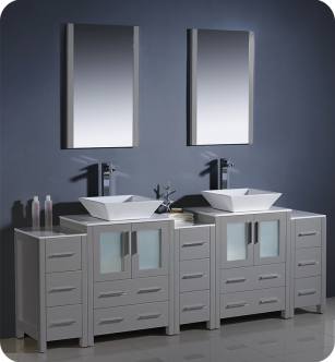 Fresca FVN62-72GR-VSL Torino 84" Grey Modern Double Sink Bathroom Vanity with 3 Side Cabinets and Vessel Sinks