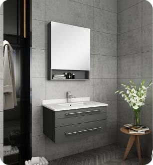 Fresca FVN6130GR-UNS Lucera 30" Gray Wall Hung Undermount Sink Modern Bathroom Vanity with Medicine Cabinet