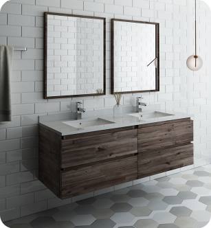 Fresca FVN31-3030ACA Formosa 60" Wall Hung Double Sink Modern Bathroom Vanity with Mirrors in Acacia