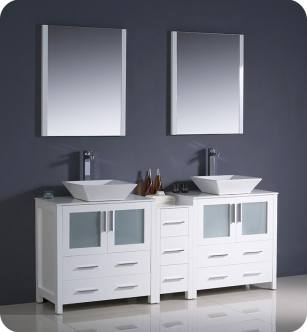 Fresca FVN62-301230WH-VSL Torino 72" Double Sink Modern Bathroom Vanity with Side Cabinet and Vessel Sinks in White
