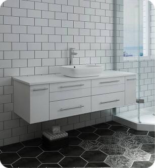 Fresca FCB6160WH-VSL-CWH-V Lucera 60" White Wall Hung Modern Bathroom Cabinet with Top & Single Vessel Sink