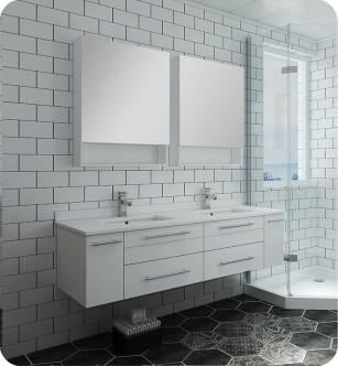 Fresca FVN6160WH-UNS-D Lucera 60" White Wall Hung Double Undermount Sink Modern Bathroom Vanity with Medicine Cabinets