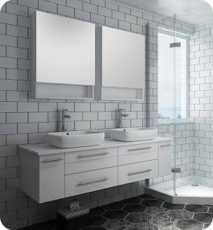 Fresca FVN6160WH-VSL-D Lucera 60" White Wall Hung Double Vessel Sink Modern Bathroom Vanity with Medicine Cabinets