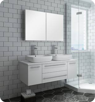 Fresca FVN6148WH-VSL-D Lucera 48" White Wall Hung Double Vessel Sink Modern Bathroom Vanity with Medicine Cabinet