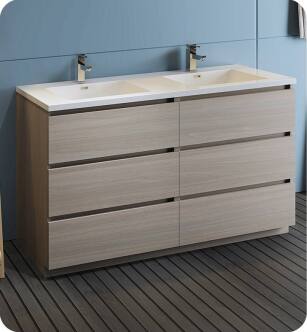 Fresca FCB93-3030MGO-D-I Lazzaro 60" Gray Wood Free Standing Modern Bathroom Cabinet with Integrated Double Sink