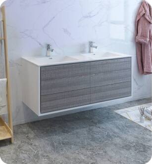Fresca FCB9260HA-D-I Catania 60" Ash Gray Wall Hung Modern Bathroom Cabinet with Integrated Double Sink