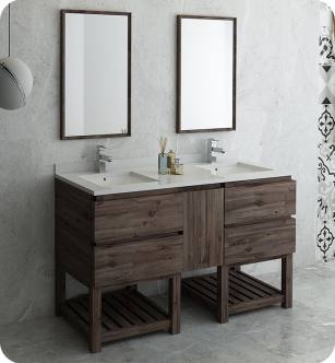 Fresca FVN31-241224ACA-FS Formosa 60" Floor Standing Double Sink Modern Bathroom Vanity with Open Bottom & Mirrors in Acacia