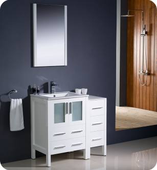 Fresca FVN62-2412WH-UNS Torino 36" Modern Bathroom Vanity with Side Cabinet and Integrated Sink in White
