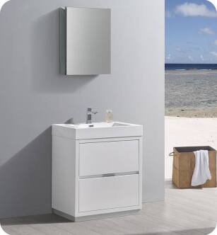 Fresca FVN8430WH Valencia 30" Glossy White Free Standing Modern Bathroom Vanity with Medicine Cabinet