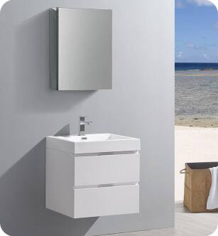 Fresca FVN8324WH Valencia 24" Glossy White Wall Hung Modern Bathroom Vanity with Medicine Cabinet