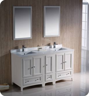 Fresca FVN20-241224AW Oxford 60" Traditional Double Sink Bathroom Vanity with Side Cabinet in Antique White