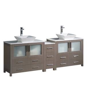 Fresca FCB62-361236GO-CWH-V Torino 84" Gray Oak Modern Double Sink Bathroom Cabinets with Tops & Vessel Sinks