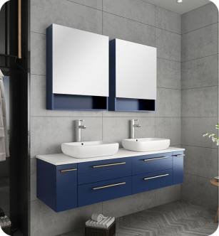 Fresca FVN6160RBL-VSL-D Lucera 60" Blue Wall Hung Double Vessel Sink Modern Bathroom Vanity with Medicine Cabinets