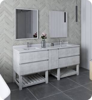 Fresca FVN31-301230RWH-FS Formosa 72" Floor Standing Double Sink Modern Bathroom Vanity with Open Bottom & Mirrors in Rustic White