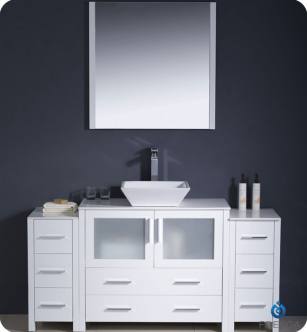 Fresca FVN62-123612WH-VSL Torino 60" Modern Bathroom Vanity with 2 Side Cabinets and Vessel Sink in White