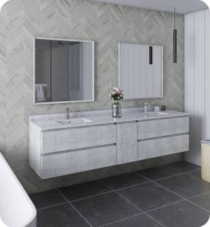 Fresca FVN31-361236RWH Formosa 84" Wall Hung Double Sink Modern Bathroom Vanity with Mirrors in Rustic White