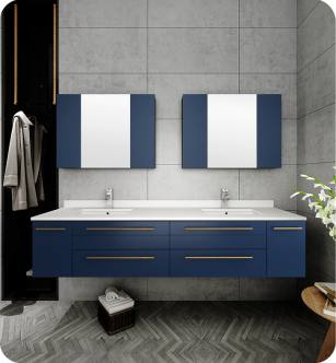 Fresca FCB6172RBL-UNS-D-U Lucera 72" Blue Wall Hung Modern Bathroom Cabinet with Top & Double Undermount Sinks